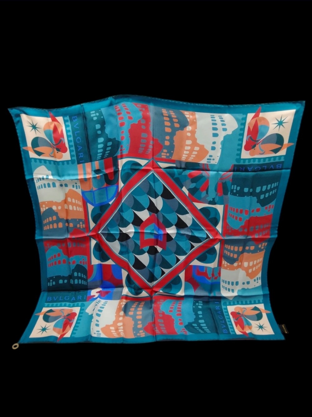 BVLGARI Vibrant Geometric Silk Scarf in Teal, Red & Coral - like new